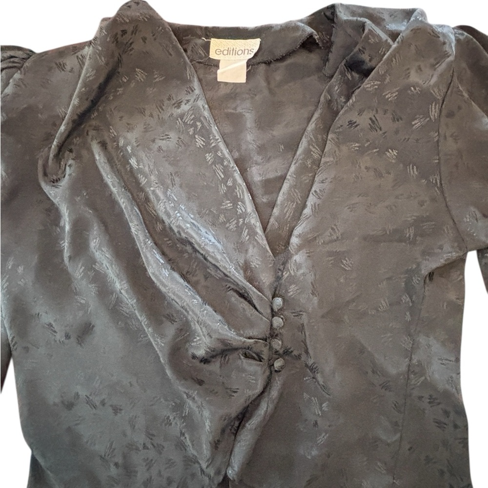 Editions Black Jacquard Wrap Blouse • Satin Look/ 80’s